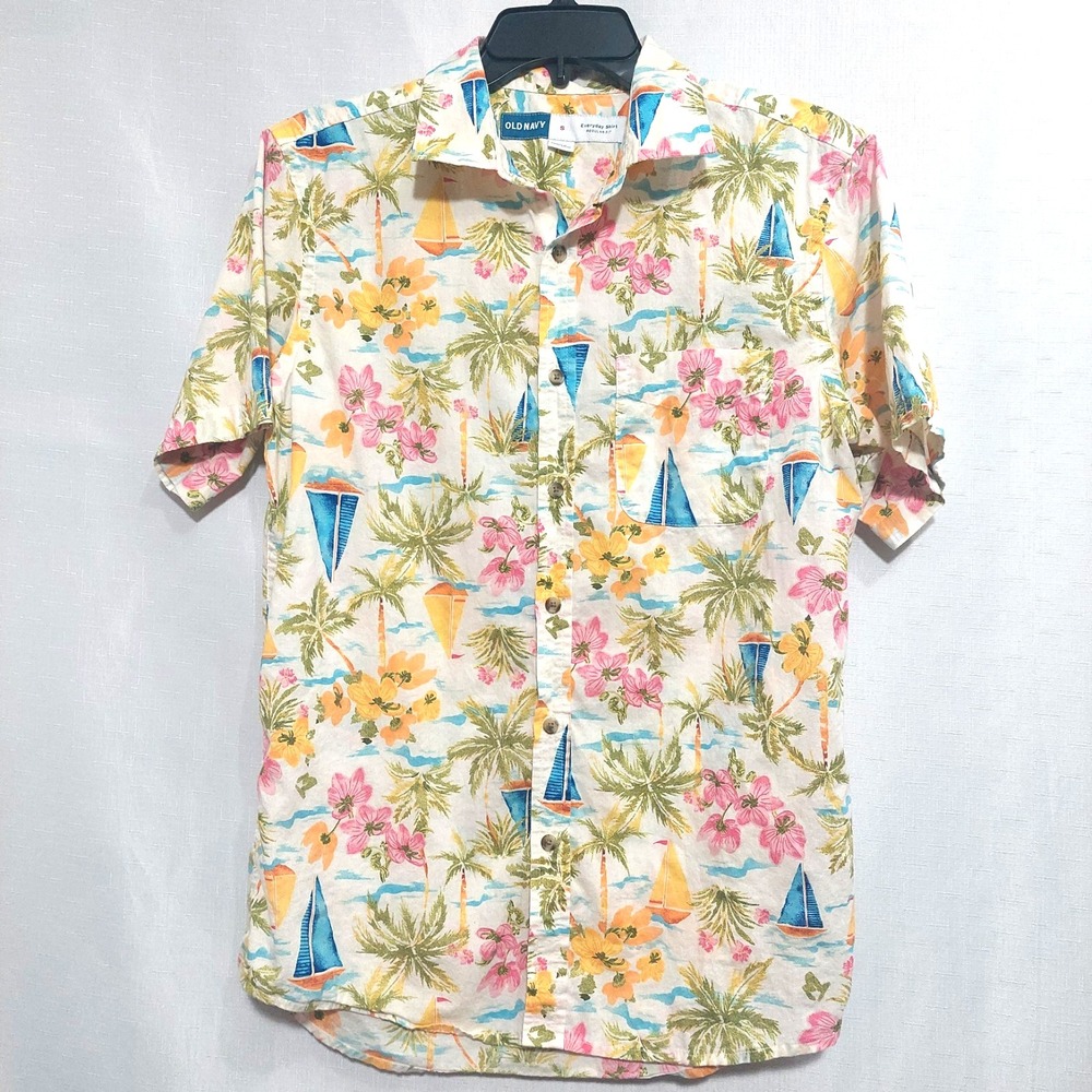 Old Navy Mens Small Everyday Front Button Shirt Island Tropical Print Collar